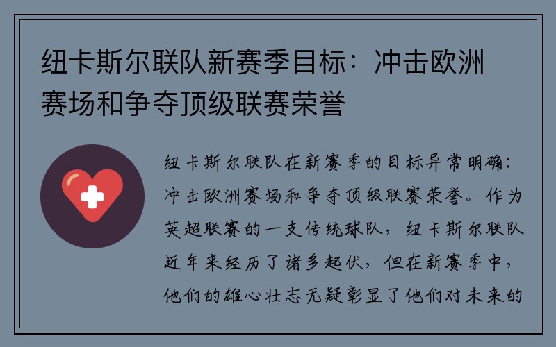 纽卡斯尔联队新赛季目标：冲击欧洲赛场和争夺顶级联赛荣誉