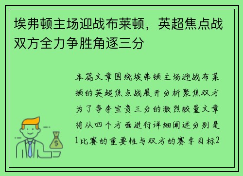 埃弗顿主场迎战布莱顿，英超焦点战双方全力争胜角逐三分